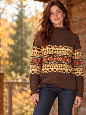 Vintage Chaus & Co Brown Fair Isle Mock Neck Sweater M Cabincore Fall Knit